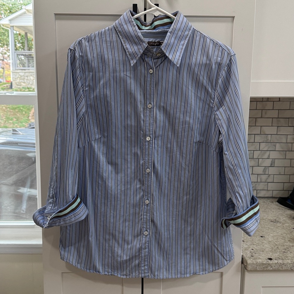 J. Mclaughlin Blue Button Down Striped Blouse Shi… - image 1